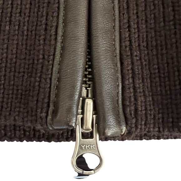 Cole Haan Mens Chocolate Brown Wool Cardigan Sweater XL Full Zip Leather Trim - Picture 6 of 10